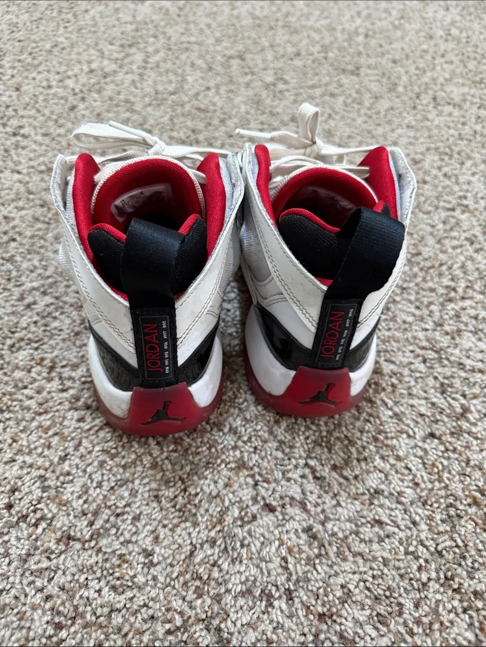 Jordan Kids High-Top Sneakers in White, Black & Red